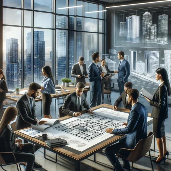 DALL·E 2024-04-22 14.47.51 - A highly realistic, detailed image depicting a busy commercial real estate office with a focus on acquisition and disposition of properties. The scene